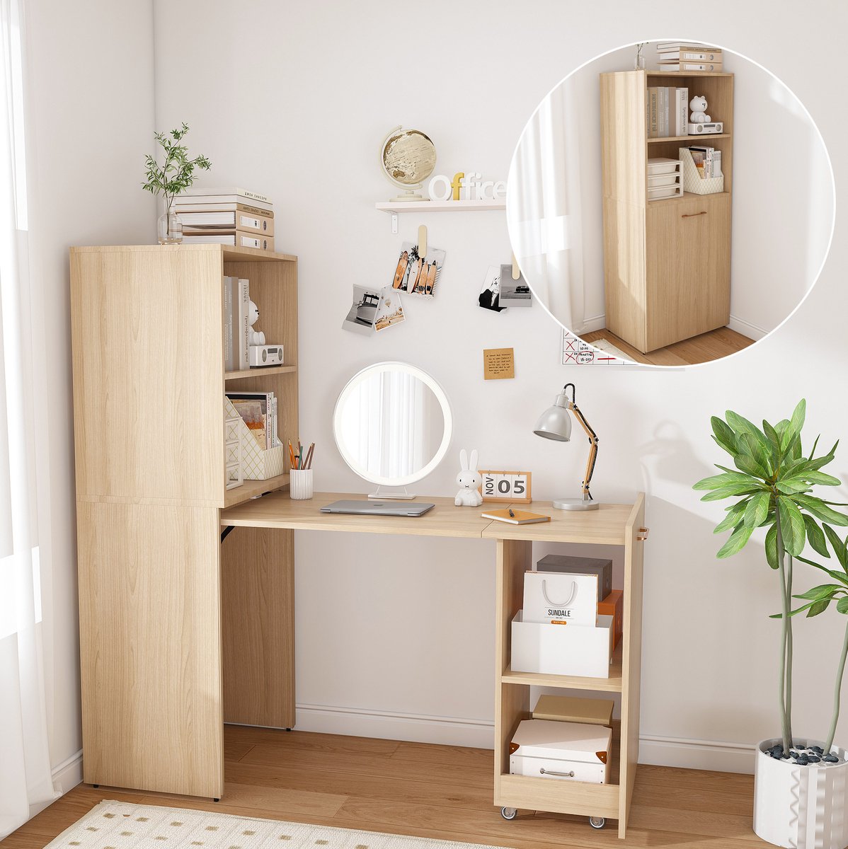 Wishdor Bureau - Uitneembaar werkblad en opbergruimte - Met verstelbare planken en wielen - Voor slaapkamer en werkkamer - Houtlook - Natuurlijk hout - 126 x 55 x 136 cm