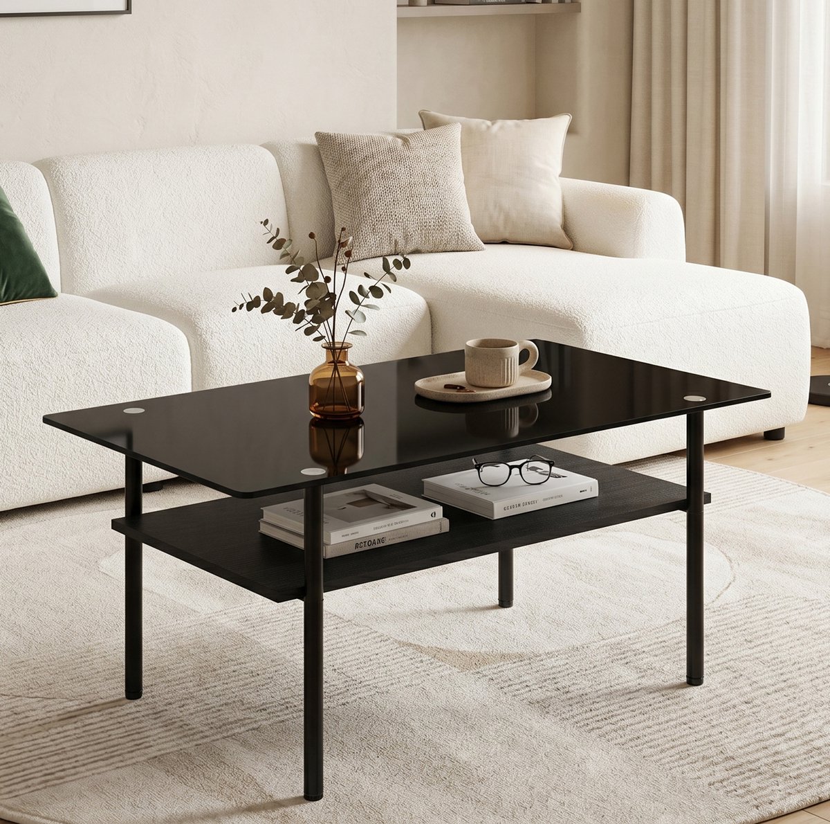 Wishdor Salontafel met zwarte glasplaat en MDF plank - Modern minimalistisch - Metalen frame - Woonkamer zithoek - Zwart - 97,7 x 57,7 x 45 cm