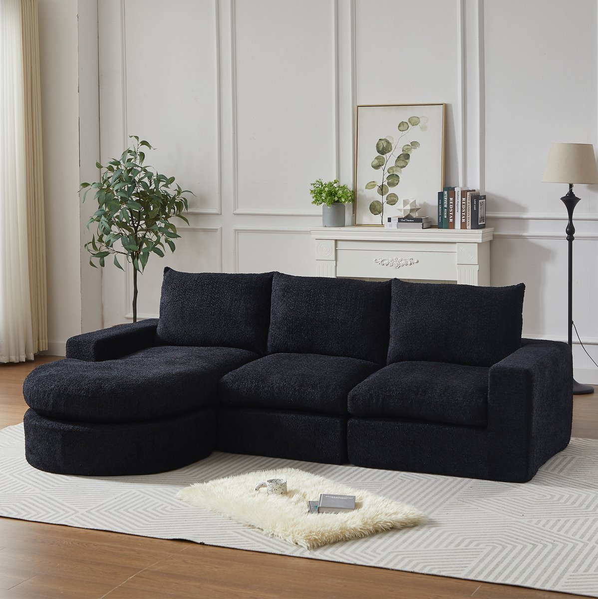 STILVORA Hoekbank 3-Zits - Modulaire Chenille Hoekbank Met Verwisselbare Ligzijde En Losse Kussens - Voor Woonkamer - Stof - Zwart
