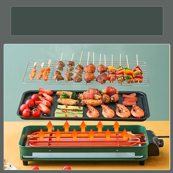 Tafelbarbecue - 2-in-1 elektrische grill - Dubbellaagse elektrische grillplaat - Binnenbarbecue - Ingebouwde rookafzuiging - Instelbare temperatuur - Inclusief 1 elektrische grillplaat, 1 grillpan, 1 grillrooster en 1 lekbak - 220V - 1500W - Blauw — afbeelding 4