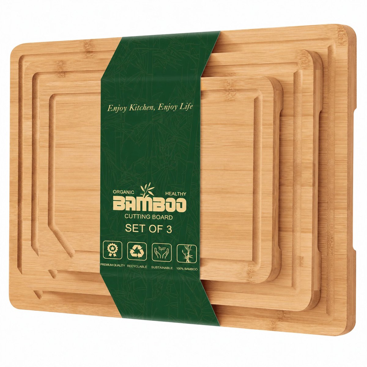 Atlasyx snijplank - Houten snijplank - Keukengerei - Snijplankenset - Bamboe snijplank - Set van 3 - Sapgroef - Vierkant - Bamboe