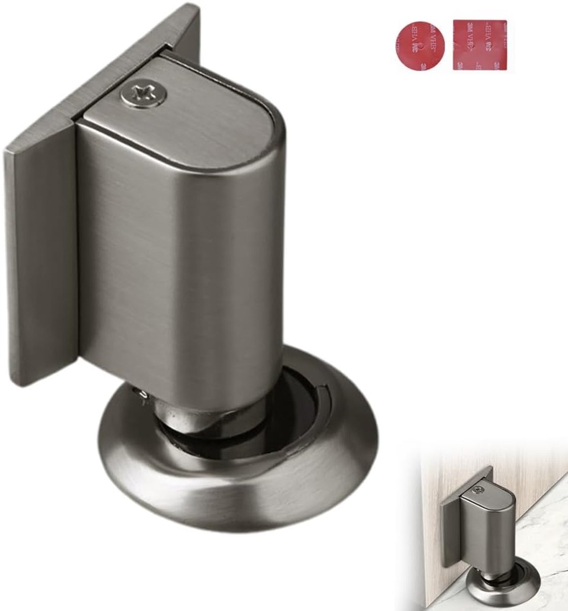 Magnetische Deurstopper Vloer Grijs - Zonder Boren - Zelfklevend - Metaal - Inclusief Verhogingsschijf