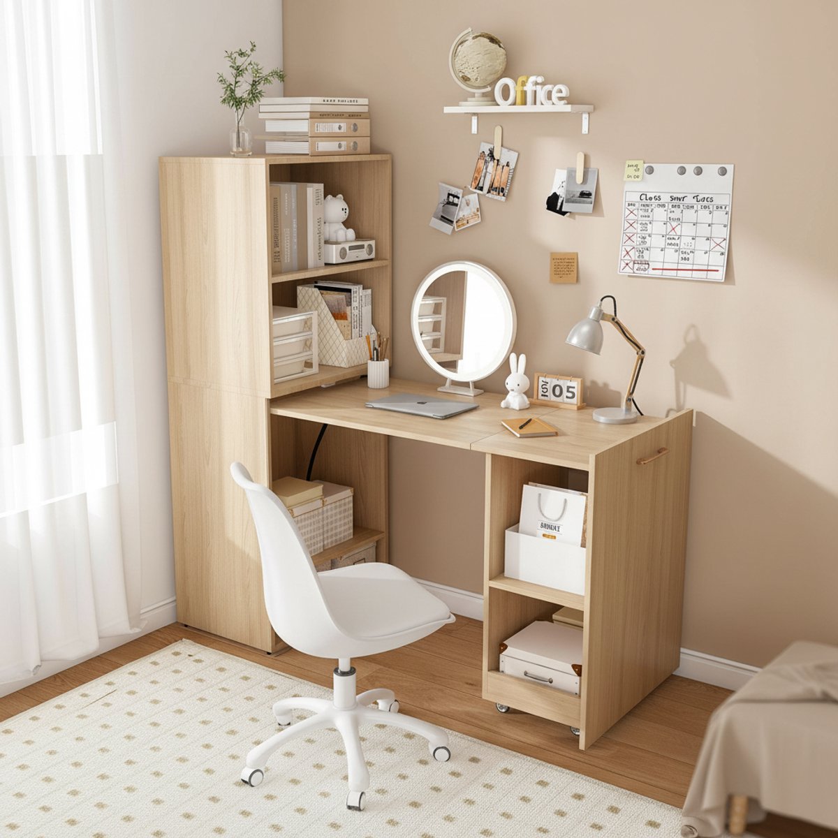 Bureau tafel vertelbaar - Uitschuifbaar Bureau - bureautafel - bureautafel voor volwassenen - bureautafel houtkleur - bureau tafel vertelbaar - kluisje - Computerbureau - 136x126x55 cm - Moderne stijl