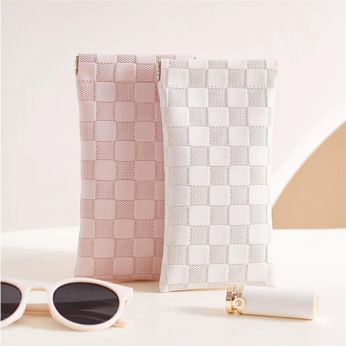 Leren brillenkoker - wit + roze
