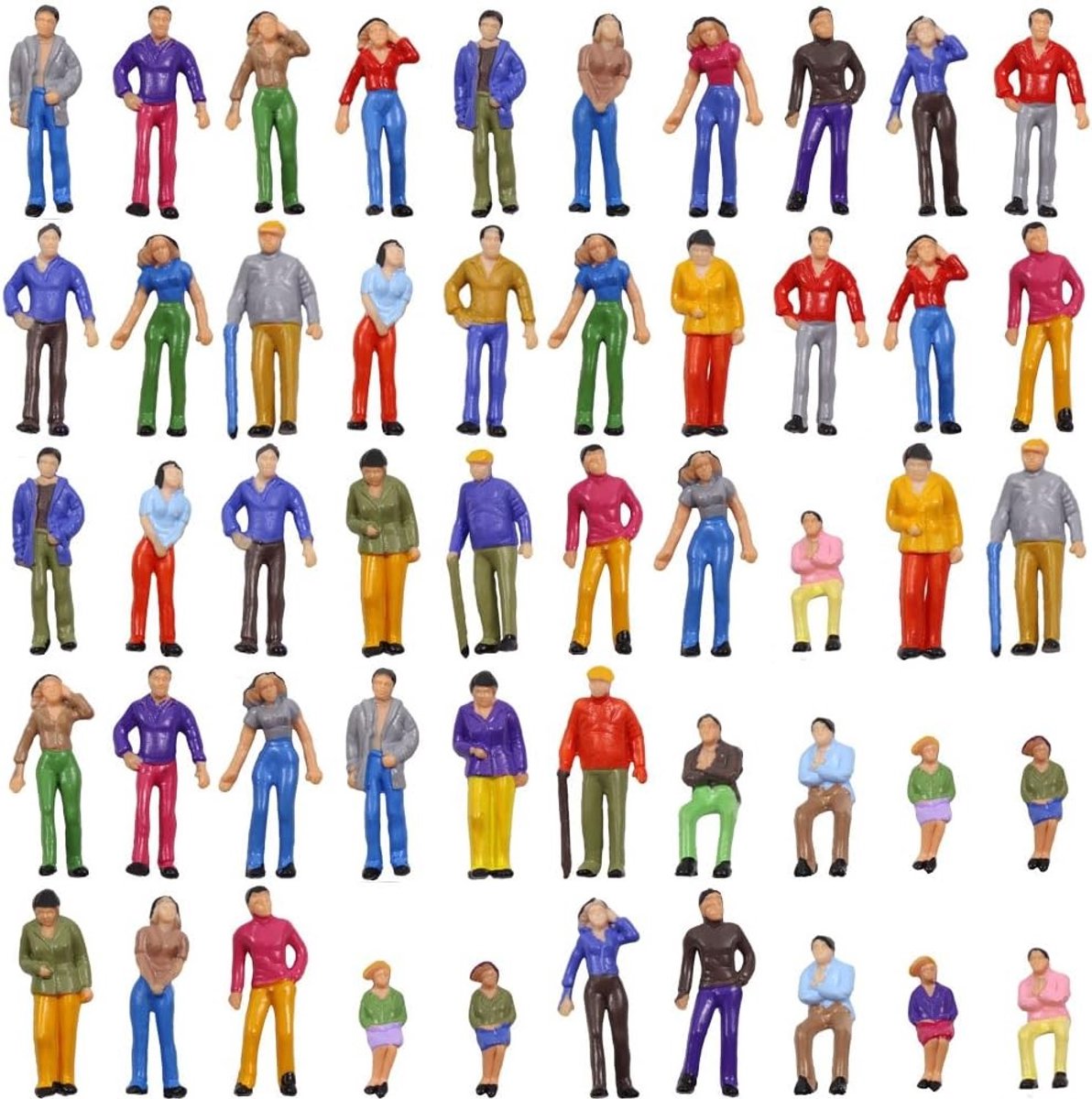 50 Stuks Geverfde Figuren voor Modelspoor 1:50 - Staande en Zittende Personen voor O Scale Decoratie