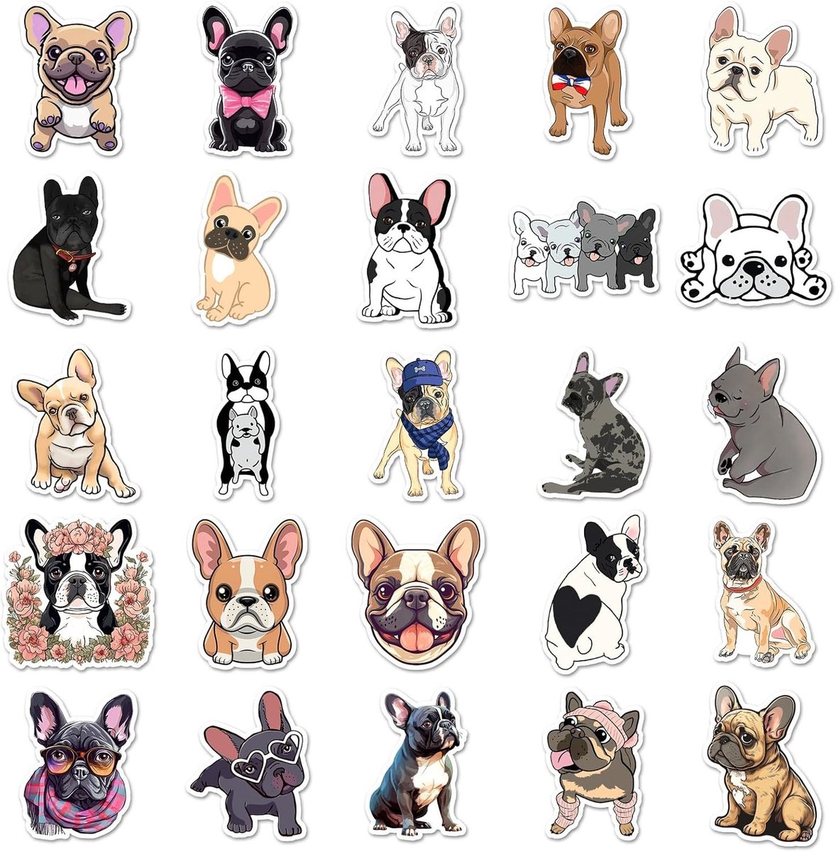 Vrolijke Franse Bulldog Stickers - 50 Stuks Waterdichte Vinyl Stickers voor Skateboards, Fietsen en Laptops - Perfect voor Kinderen en Tieners