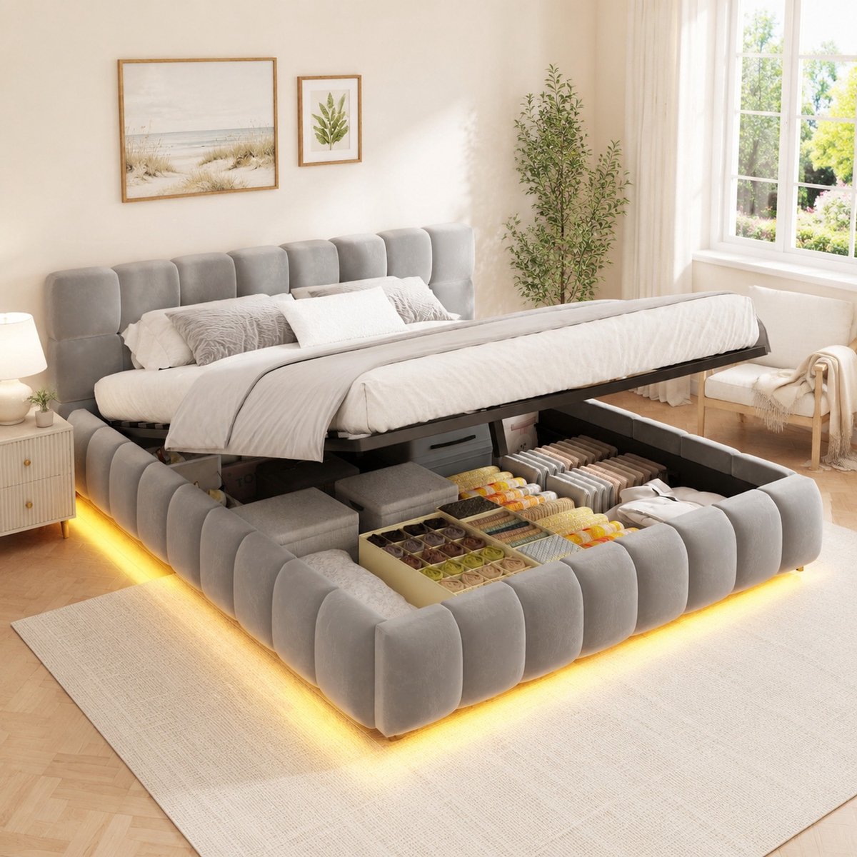 Wishdor Tweepersoonsbed 160x200 cm - Met verlichting en hydraulische opbergruimte - Zacht fluweel - Modern grijs - Voor slaapkamer volwassenen