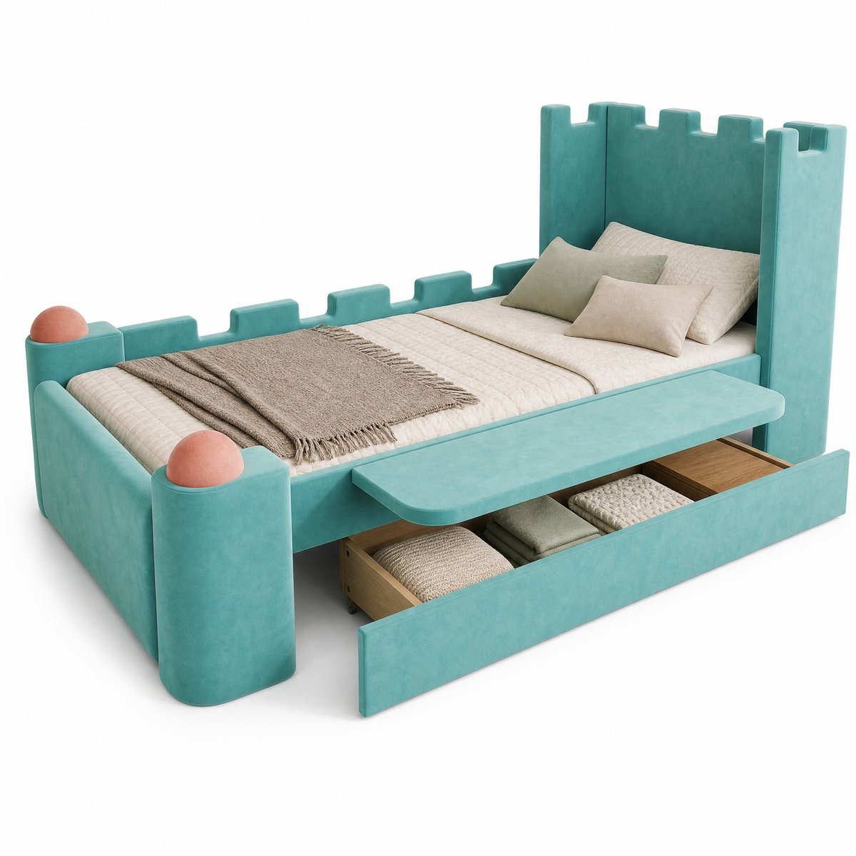 WUVRIE Kinderbed 90x200 cm met klapbare zijplank, opberglade en burg-design in blauwgroen
