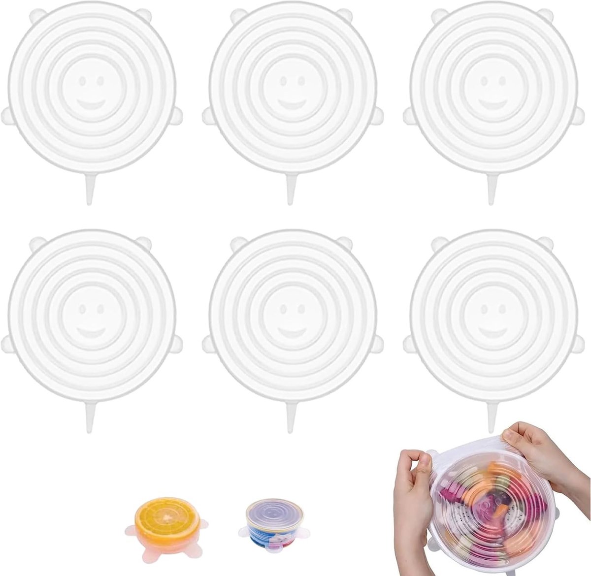 Rekbare Siliconen Deksel Set van 6 Stuks voor Voedselopslag, Geschikt voor Fruit en Kommen, Transparant en Duurzaam