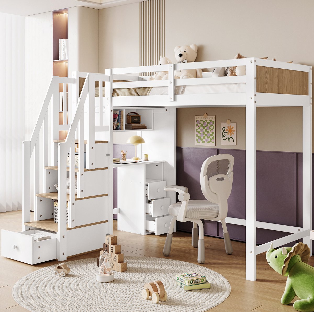 COVREO Stapelbed met bureau en uitvalbeveiliging – 205x153,5x166 cm – Kinderbed met opbergruimte en trap – 90x200 cm – Wit/Naturel - zonder matras Wit / naturel