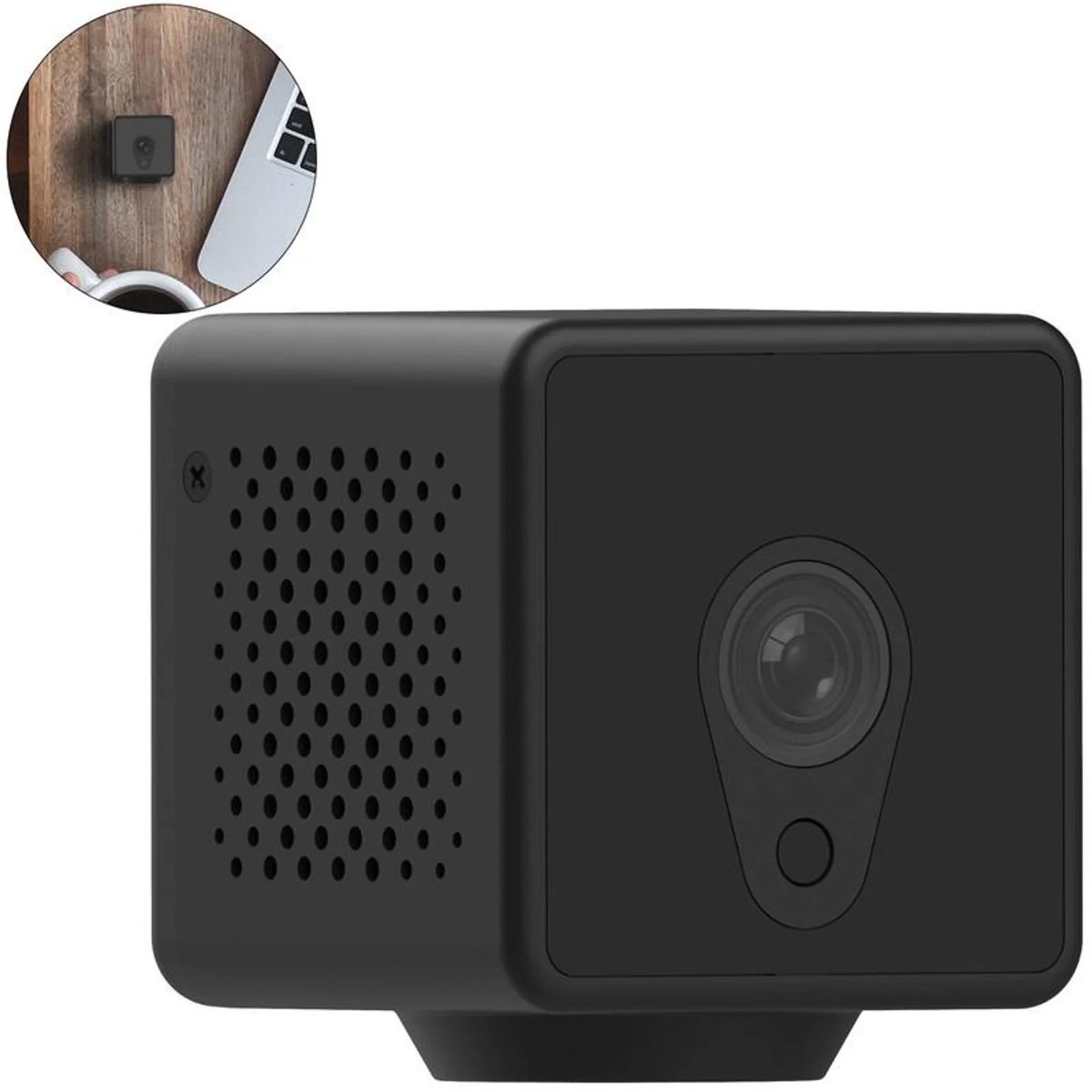 Een 4K mini wifi-camera met PIR-bewegingsdetectie, nachtzicht, ondersteuning voor cloud- of SD-kaartopslag en een ingebouwde oplaadbare batterij, geschikt voor binnengebruik, bijvoorbeeld voor het bewaken van baby's en huisdieren.