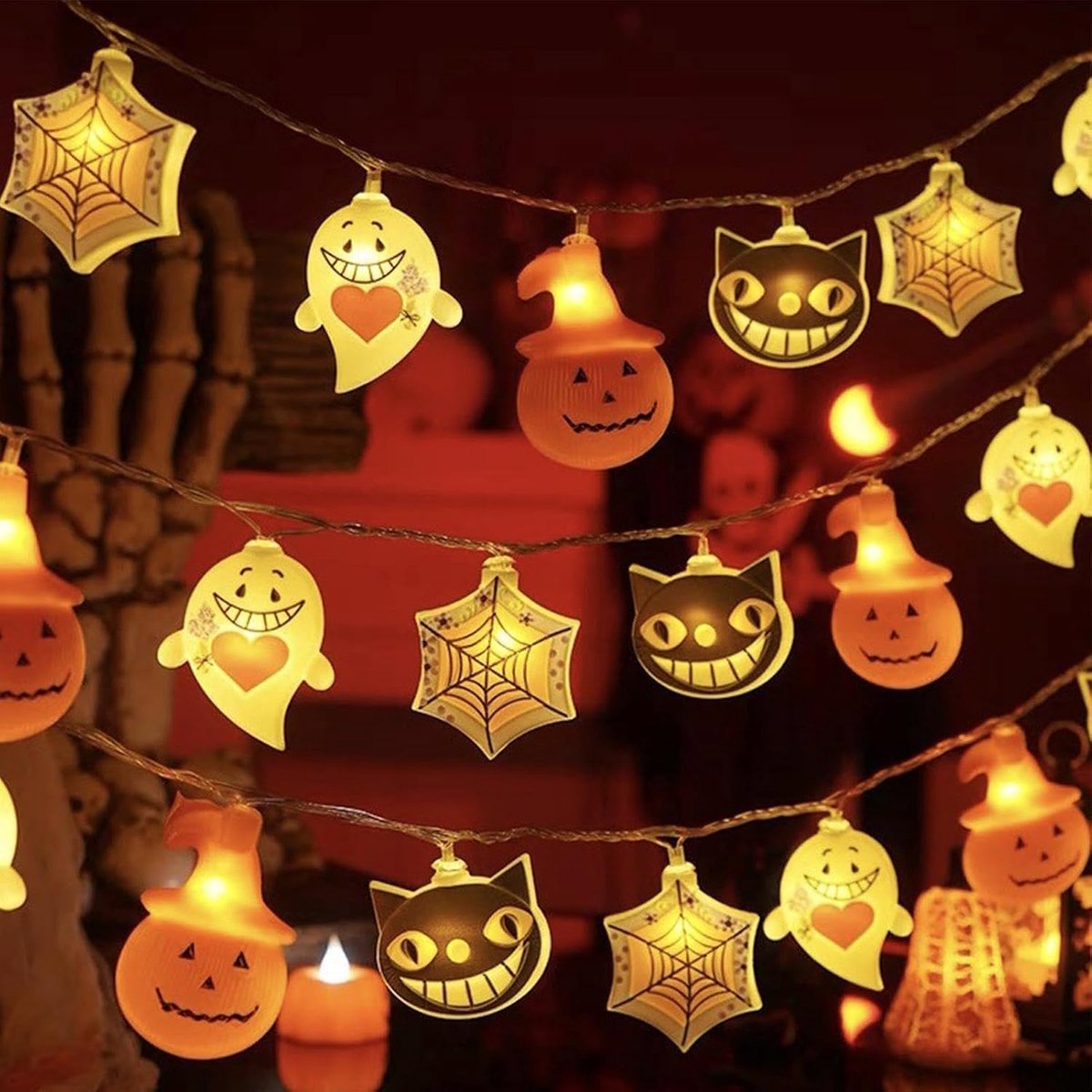 KZQ Halloween Lichtsnoer - 1,5M - 10 Pompoen & Spookjes & Spinnenweb Lampjes - LED - Op Batterijen - Lichtslinger - Verlichting - Tuinverlichting - Halloween Decoratie - Oranje/Zwart