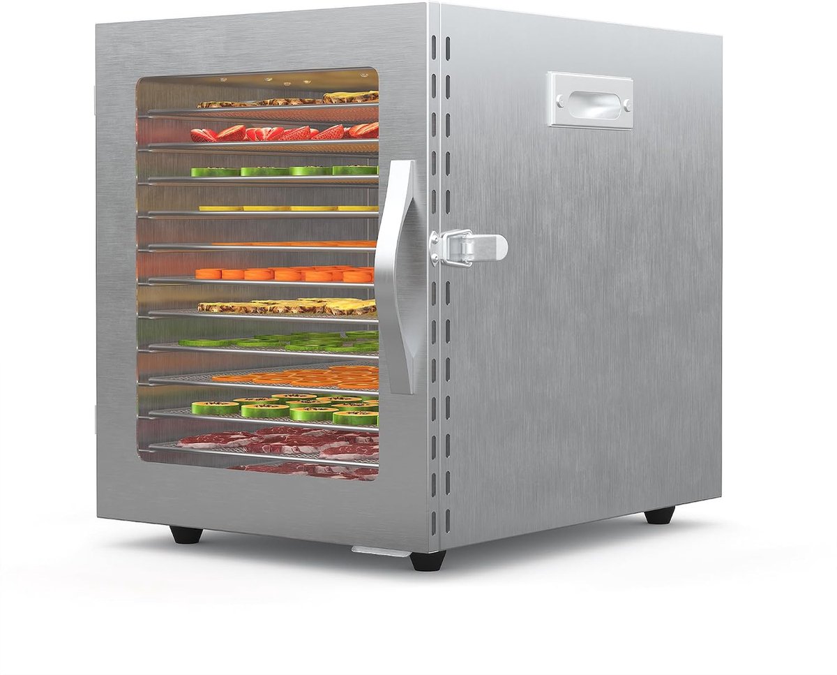 RVS Voedseldroger - 12 Lagen / Trays - 820W - Voedseldroogoven & Fruitdroger van Roestvrij Staal - RVS Droogoven voor Beef Jerky, Fruit, Groenten, Kruiden & Hondensnacks