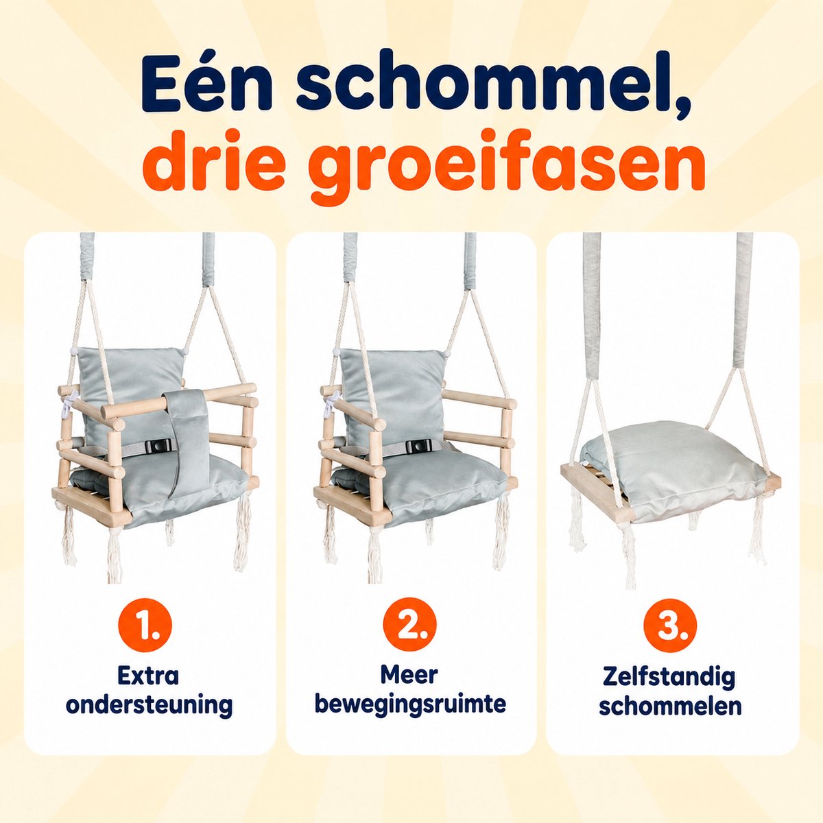 Trendmix Houten Babyschommel 3-in-1 – Meegroei Kinderschommel – Inclusief Ophanghaken – Vanaf 8 Maanden – Grijs — afbeelding 3