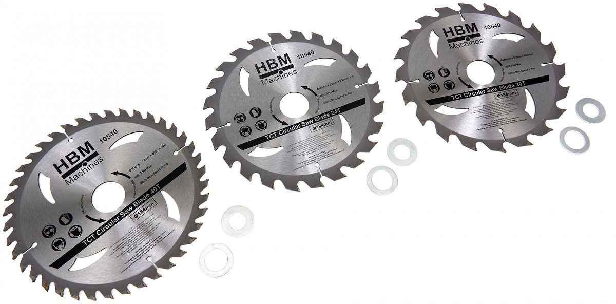 HBM 3-delige 184 mm Profi cirkelzaagbladenset met verloopringen voor hout en kunststof