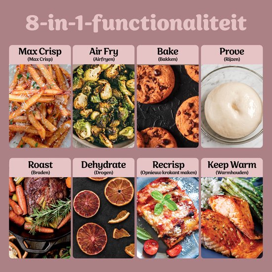Overzicht van de 8-in-1 functionaliteit met afbeeldingen van verschillende maaltijden per bereidingswijze.