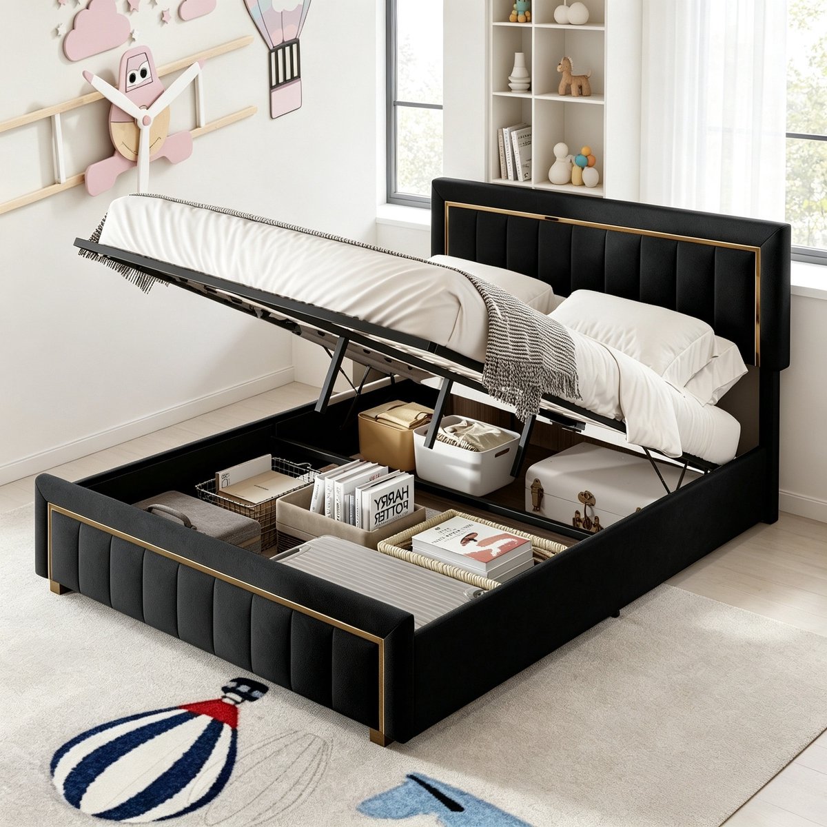 ROSAHQNDA Tweepersoonsbed 140x200 cm, volwassen bed en 2 persoonsbed met hoofdbord, gestoffeerd bed met verticale bekleding en gouden rand, fluwelen bed zwart, zonder matras