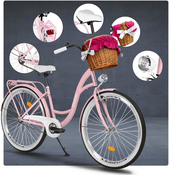 Milord damesfiets 26 inch - roze frame, 1 versnelling, met rieten mand — afbeelding 5