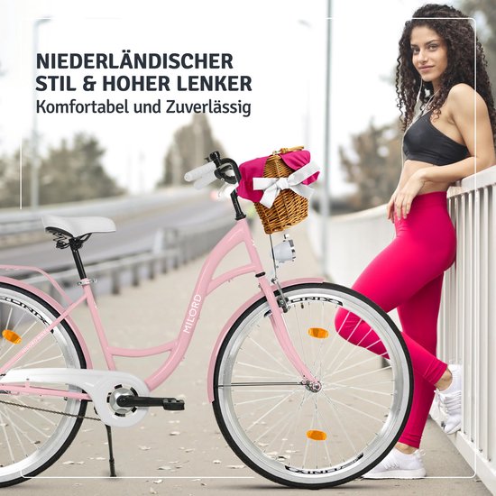 Milord damesfiets 26 inch - roze frame, 1 versnelling, met rieten mand — afbeelding 4