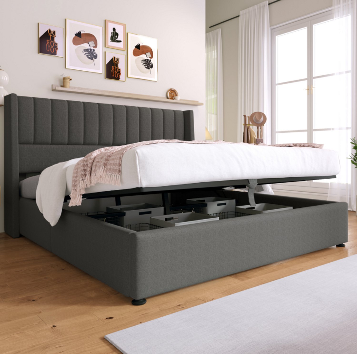 MEUNIQ Opbergbed 180 x 200 cm, grijs gestoffeerd tweepersoonsbed met hydraulisch opklapbare lattenbodem, opbergruimte en zacht hoofdbord voor de slaapkamer