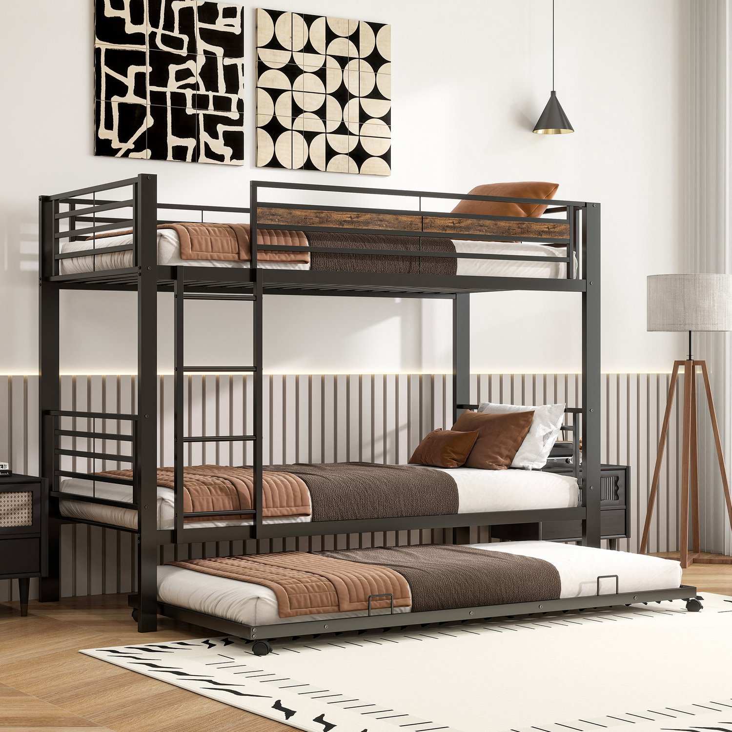 Wishdor Stapelbed 90x200 cm - Met uitschuifbed voor drie slaapplaatsen - Met uitvalbeveiliging en ladder - Verrijdbaar onderbed - Metalen frame - Voor kinderkamer en logeerplek - Zwart met houtlook