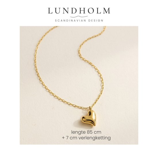 Lundholm goudkleurige ketting met hartvormige hanger. Tekst: lengte 85 cm + 7 cm verlengketting.