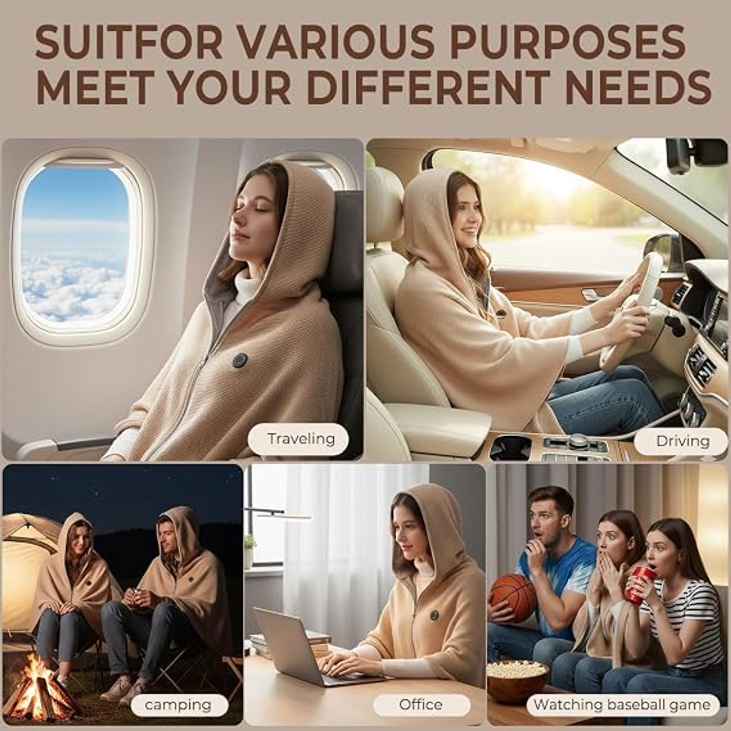 Elektrische deken - 150x80cm - Hoodie Deken - 3 Standen - Oplaadbare elektrische deken - elektrisch deken - Dames Verwarmde Schoudermantel - verwarmde deken - USB-oplaadbaar - Cape-Warmtedeken Oplaadbaar - voor kantoor, bank, reizen en kamperen – foto 5