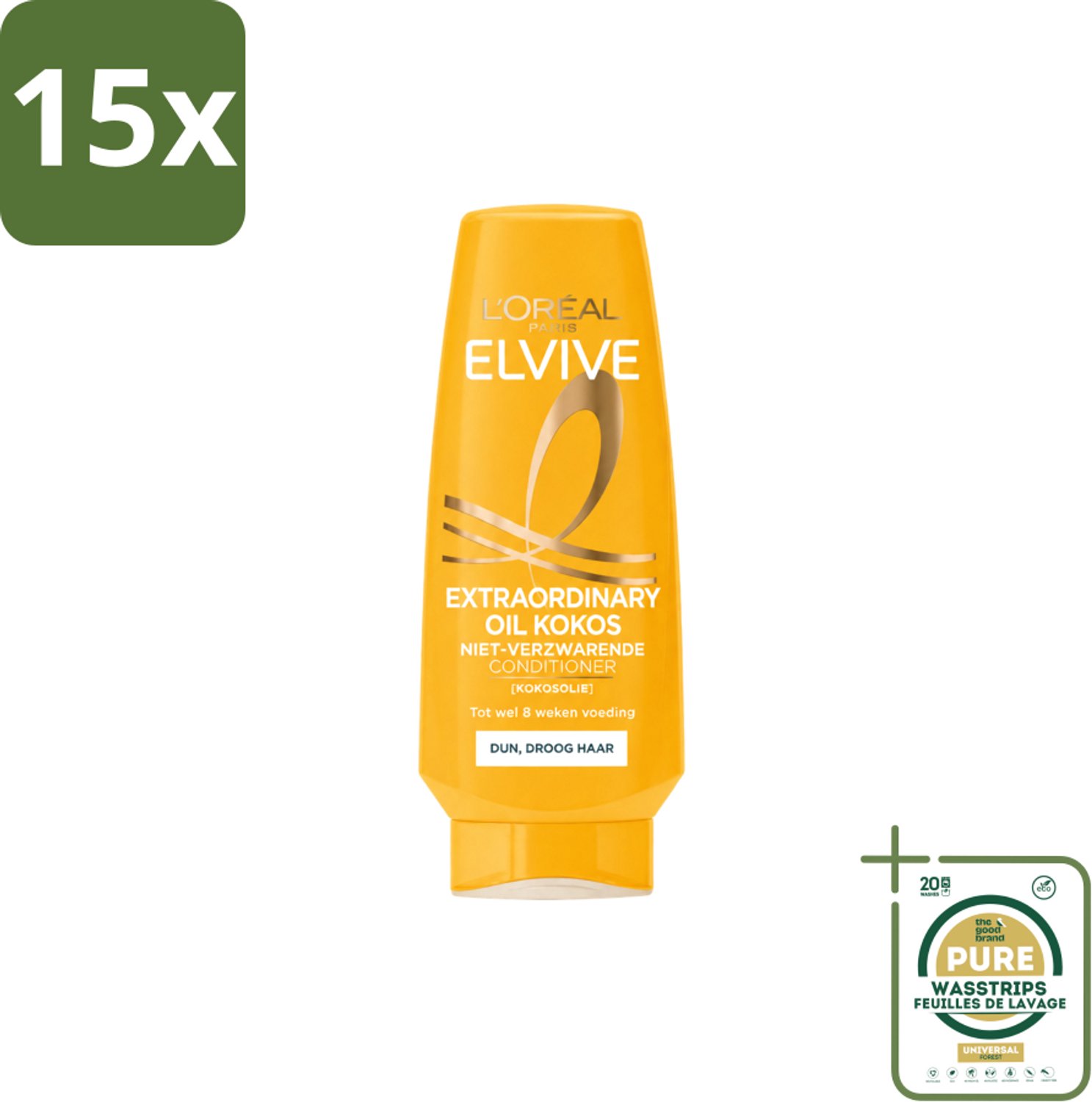 15 x L’Oréal Paris Elvive – Conditioner – Extraordinary Oil Kokos – 200 ml - Wasstrips - Conditioner Voor Droog Haar - Kokosolie Conditioner - Voeding Haar - Zachtheid Haar - Glans Haar