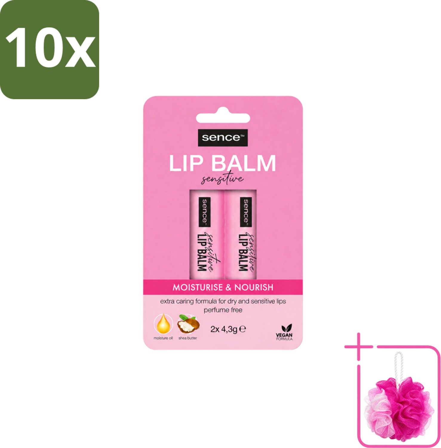 10 x Sence - Moisturise & Nourish - Lippenbalsem Duo - Voedend - 2 x 4,3 g - Bulkverpakking - Lippenbalsem - Douchemop - Voedend lippenbalsem