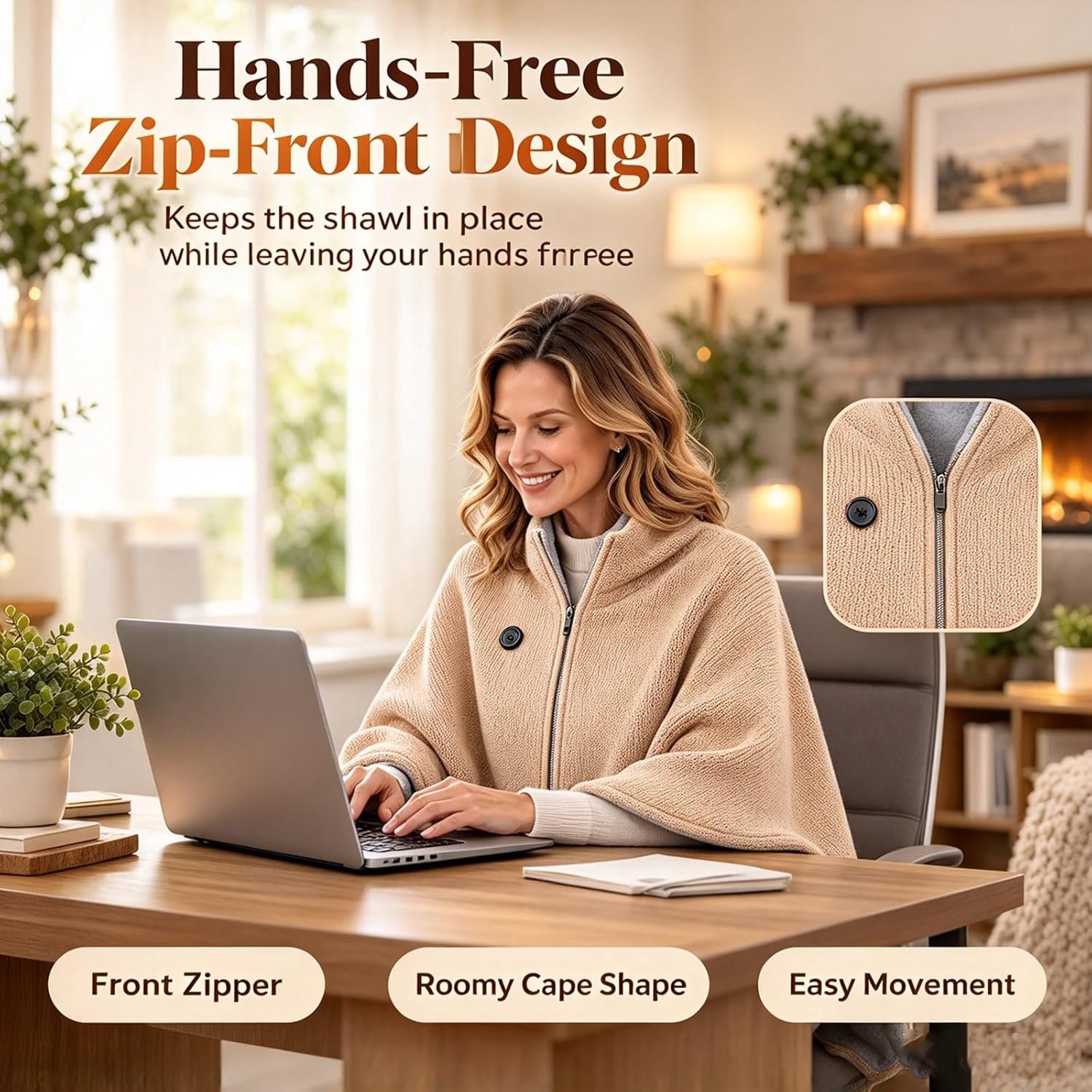 Elektrische deken - Elektrische Cape met Rits - Heated Shawl - Warmtedeken - Warmte Poncho - 3 Standen - snelle warmteafvoer - USB (Excl. Powerbank) - voor kantoor, bank, reizen - 150x80cm - Khaki – foto 5