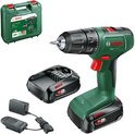 Groene Bosch EasyDrill 18V-40 met accu, lader en opbergkoffer.
