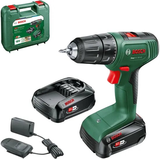Groene Bosch EasyDrill 18V-40 met accu, lader en opbergkoffer.