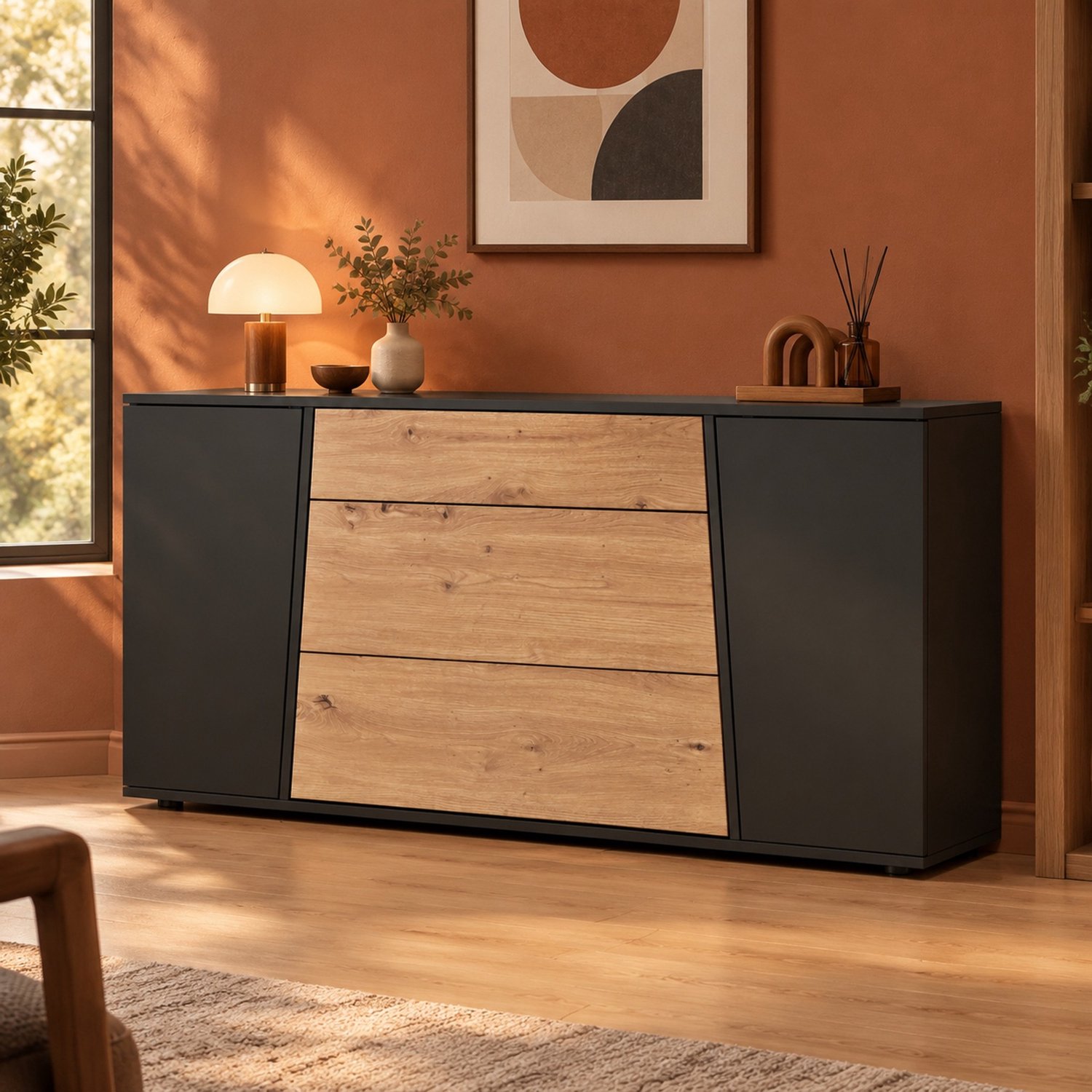 HAUSS SPOLE Dressoir - 3 Lades En 2 Deuren Met Verstelbare Legplanken - Voor Woonkamer En Keuken - MDF En Spaanplaat - 140x35x70 Cm - Zwart En Houtlook Zwart en houtkleur