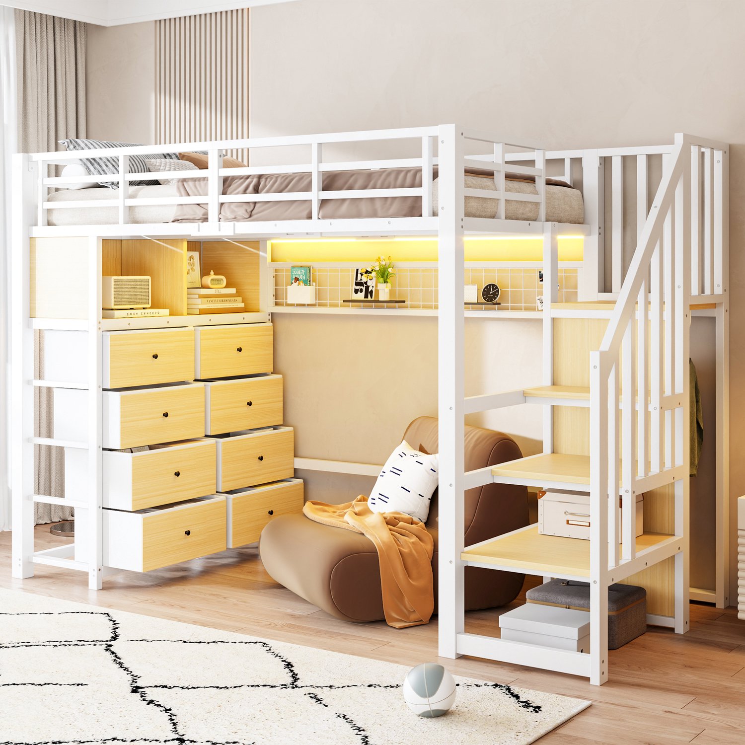 HAUSS SPOLE Hoogslaper 90 x 200 cm - Kinderbed met 8 Stoffen Lades - Trap met Opbergruimte en Ledverlichting - Zonder Matras - Metaal en MDF - Wit Wit met houtkleurige panelen