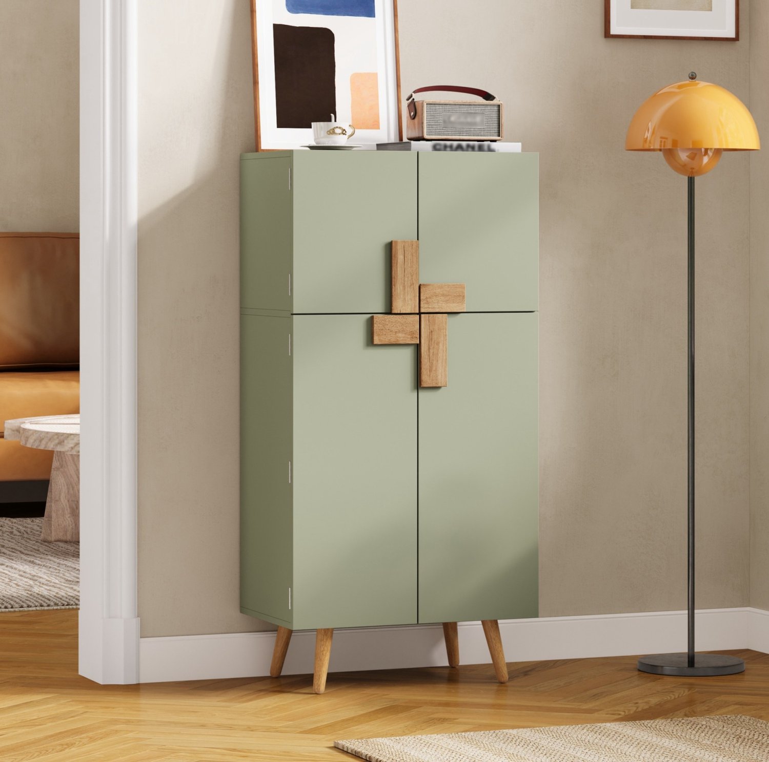 HAUSS SPOLE Keukenkast - Vier Deuren Met Deurrekken En Verstelbare Legplanken - Voor Keuken, Woonkamer En Eetkamer - Groen Mdf - 60x35x120 Cm