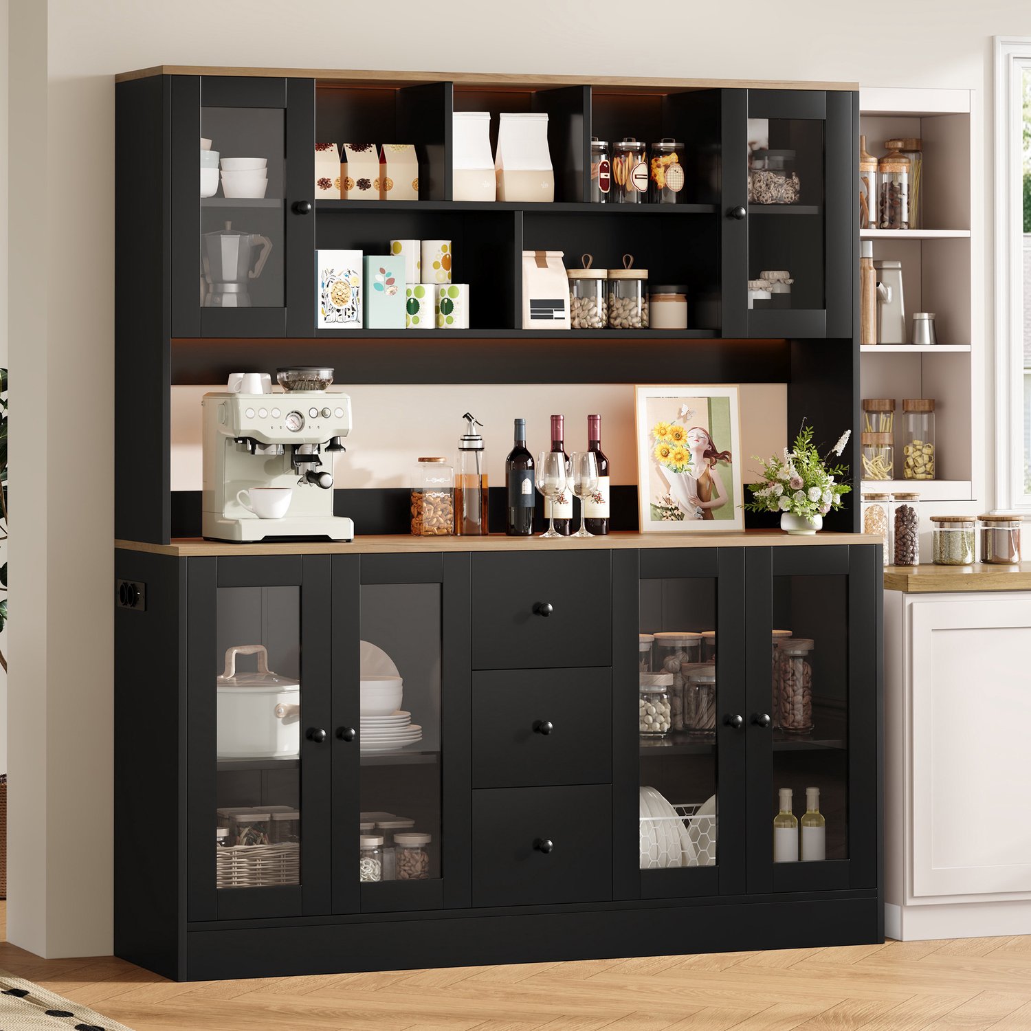 HAUSS SPOLE Keukenkast - Met Ledverlichting, Stopcontacten En 3 Lades - Voor Keuken En Woonkamer - Mdf En Spaanplaat - 150x40x173 Cm - Zwart Zwart en naturel