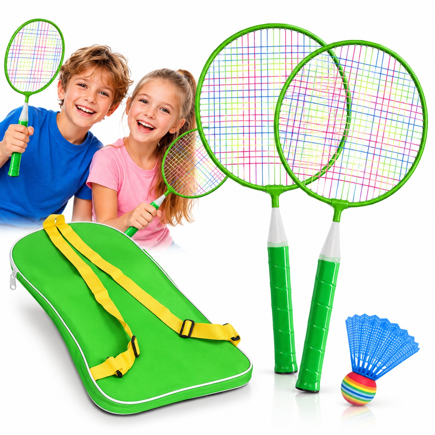 Tolvia Badminton Set voor Kinderen - 2 Kinder Badmintonrackets met Shuttle en Draagtas - Lichtgewicht Badmintonset voor 2 Personen - Buitenspeelgoed - Groen