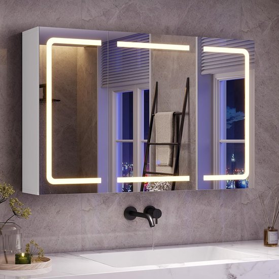 Spiegelkast met ledverlichting, stopcontact en 3 kleurtemperaturen, badkamerkast 60 x 90 x 16 cm (h x b x d), dimbaar, touch-sensor, witte badkamerspiegelkast met 3 x verstelbare planken en [Energieklasse G] , 504915