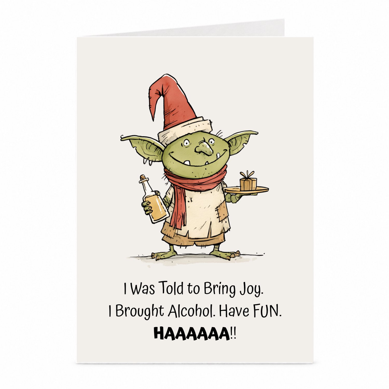 JustTheCardGuy Grappige kerstkaart - Kerstgoblin met drank - A6