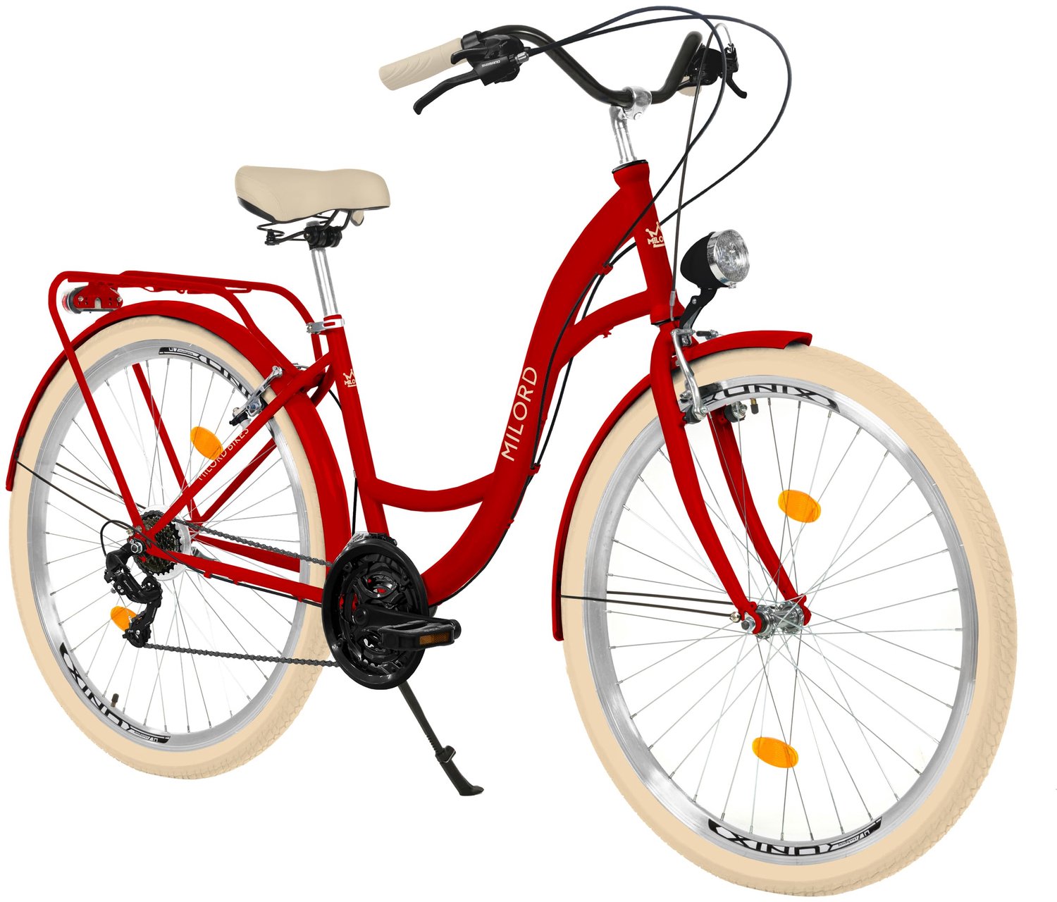 Milord damesfiets stadsfiets 26 inch 21 versnellingen rood frame met metalen mand