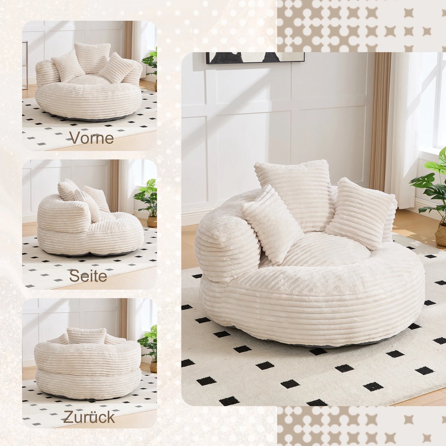 Marqs Zitzak Beige - Loungestoel - Fauteuil - Binnen - 108 × 108 × 52 cm (L × B × H) - 3 kussens - Ribstof - Zonder montage