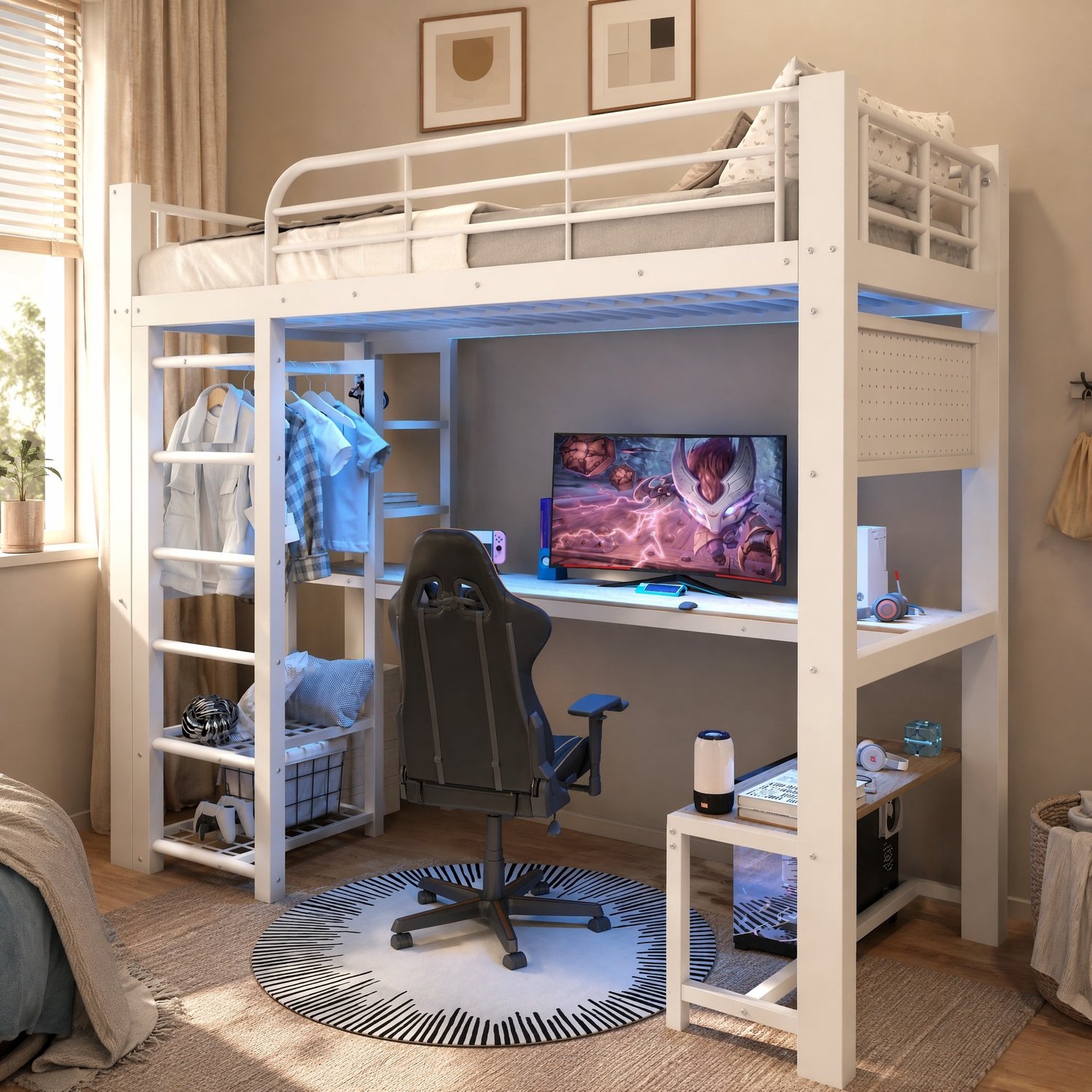 MEUNIQ Hoogslaper 90 x 200 cm met bureau, opbergruimte, kledingroede, ophangbord en ledverlichting – metalen eenpersoonsbed voor de kinderkamer, wit