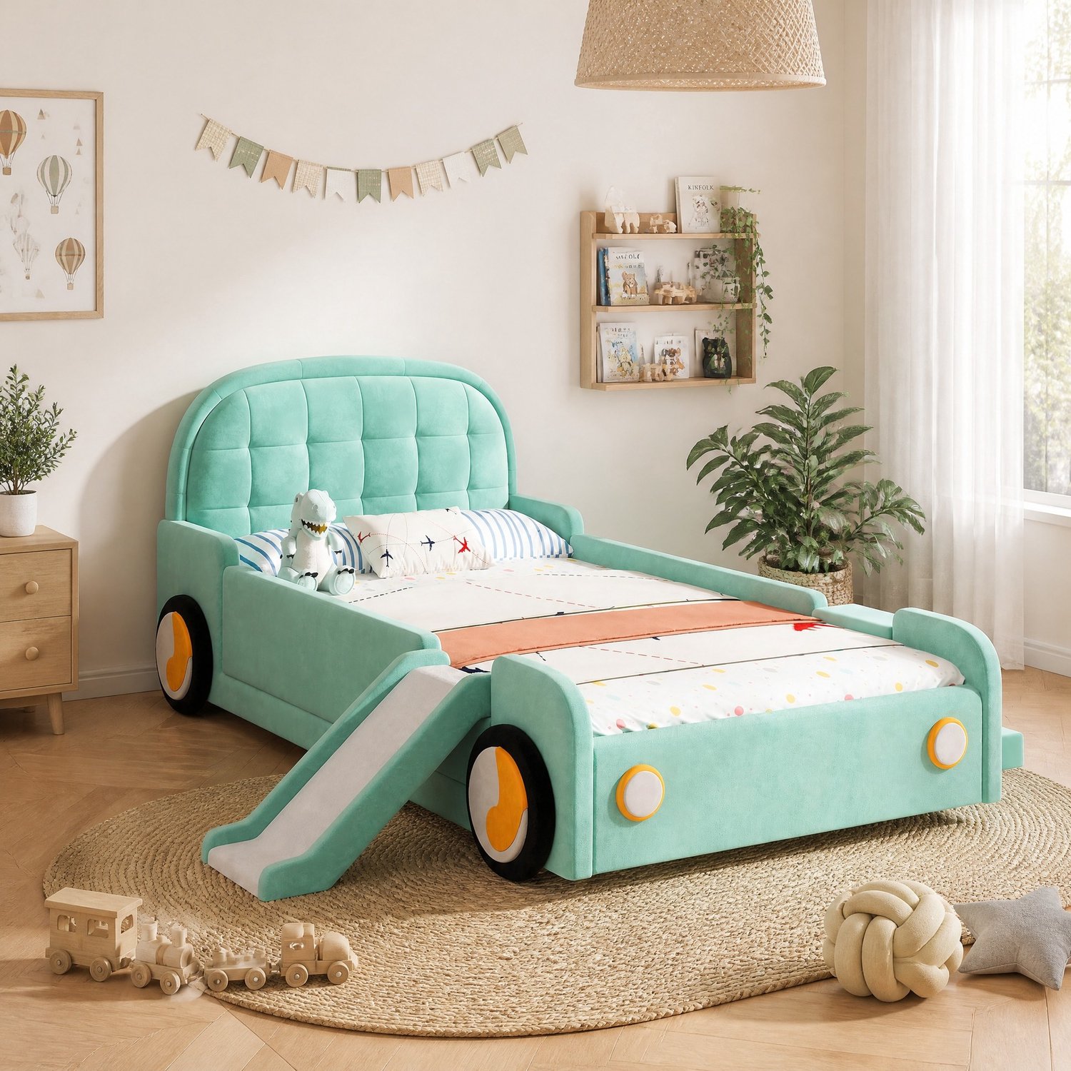 MEUNIQ Kinderbed autobed 90 x 200 cm met glijbaan, trap en uitvalbeveiliging, links of rechts monteerbaar, gestoffeerd bed voor de kinderkamer, blauwgroen