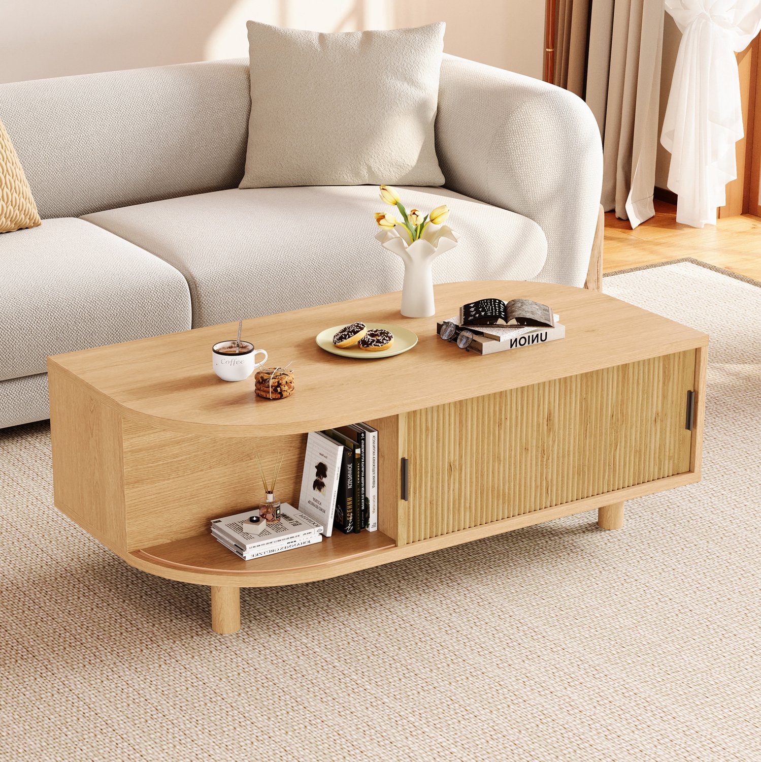 HAUSS SPOLE Salontafel - Twee Schuifdeuren En Opbergruimte - Voor De Woonkamer - MDF En Spaanplaat - Naturel Houtkleur - 100x50x35 Cm