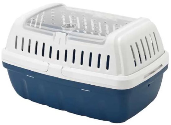 Moderna reismand met blauwe onderkant, witte bovenkant en transparant deksel met ventilatiegaten.