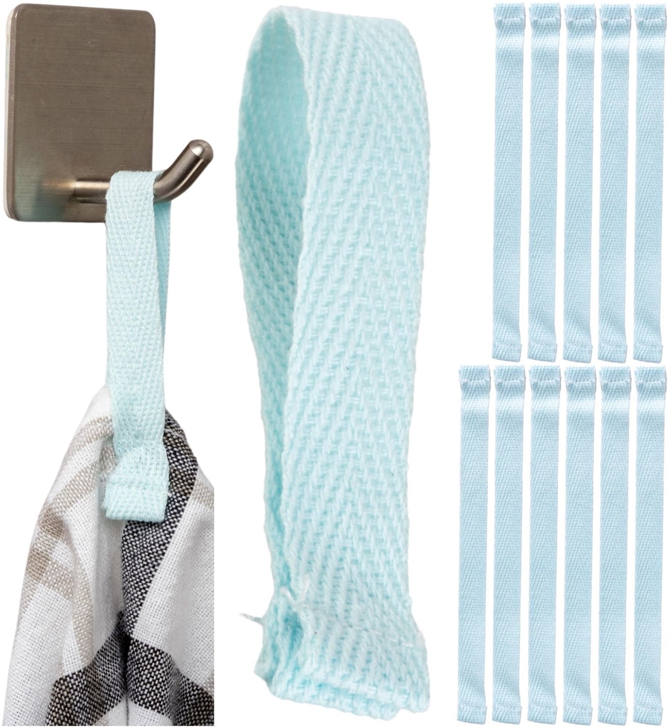 Set van 12 Handdoekhangers - Lichte Blauw Katoen, 150 x 12 mm