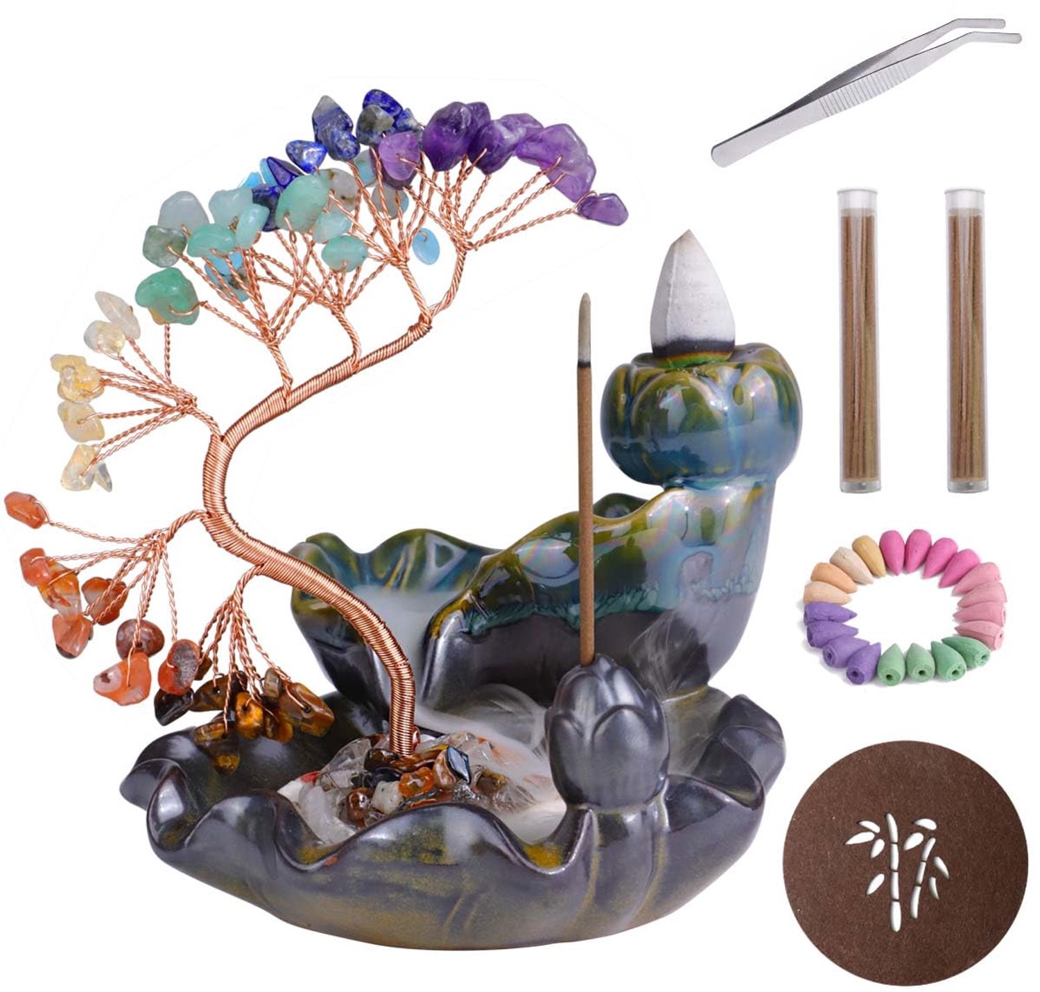 Waterval Wierookbrander met 7 Chakra Kristallen en 60 Wierookkegels