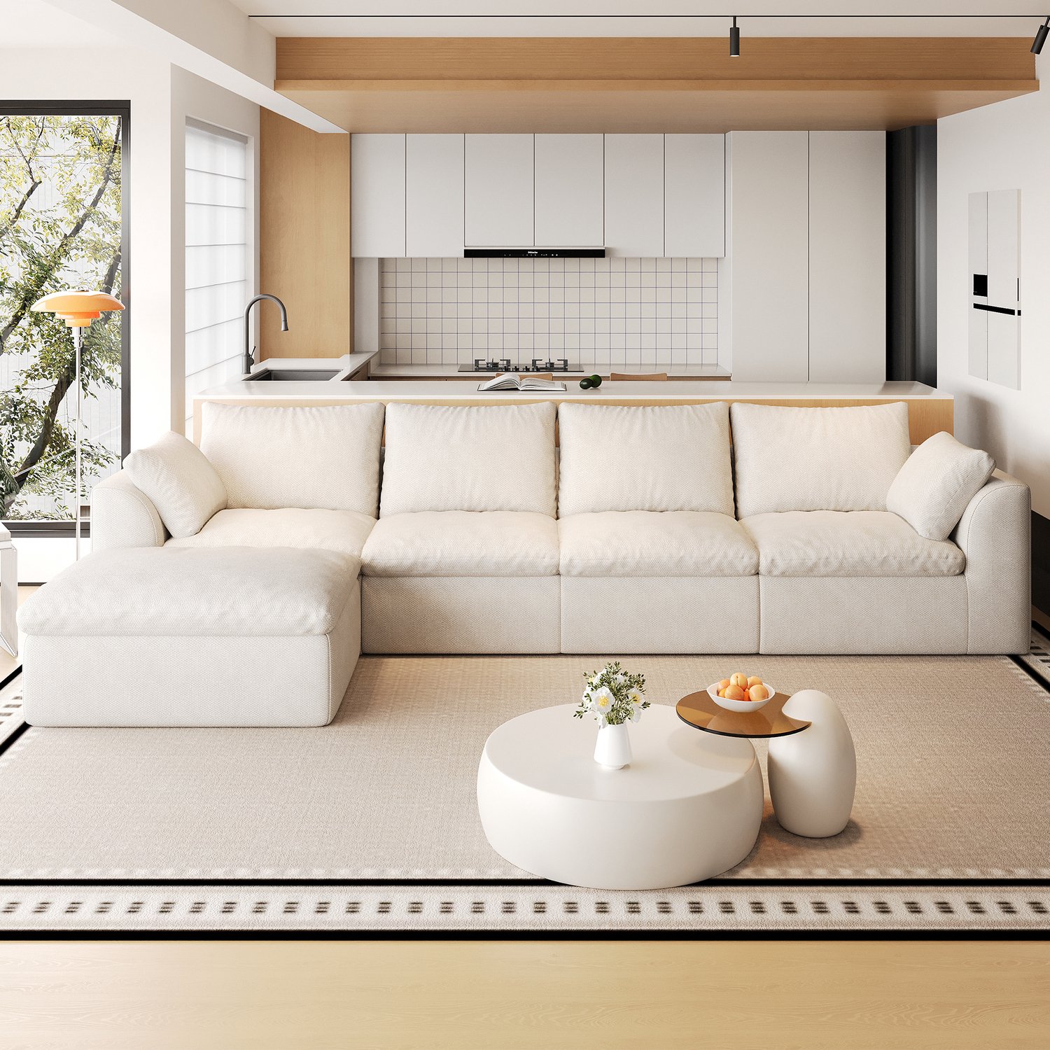 FloraGrace Hoekbank 310 x 155 x 83 cm - 5 Zitplaatsen in L Vorm - Zachte Schuimvulling voor de Woonkamer - Linnen - Beige Wit Beige-wit