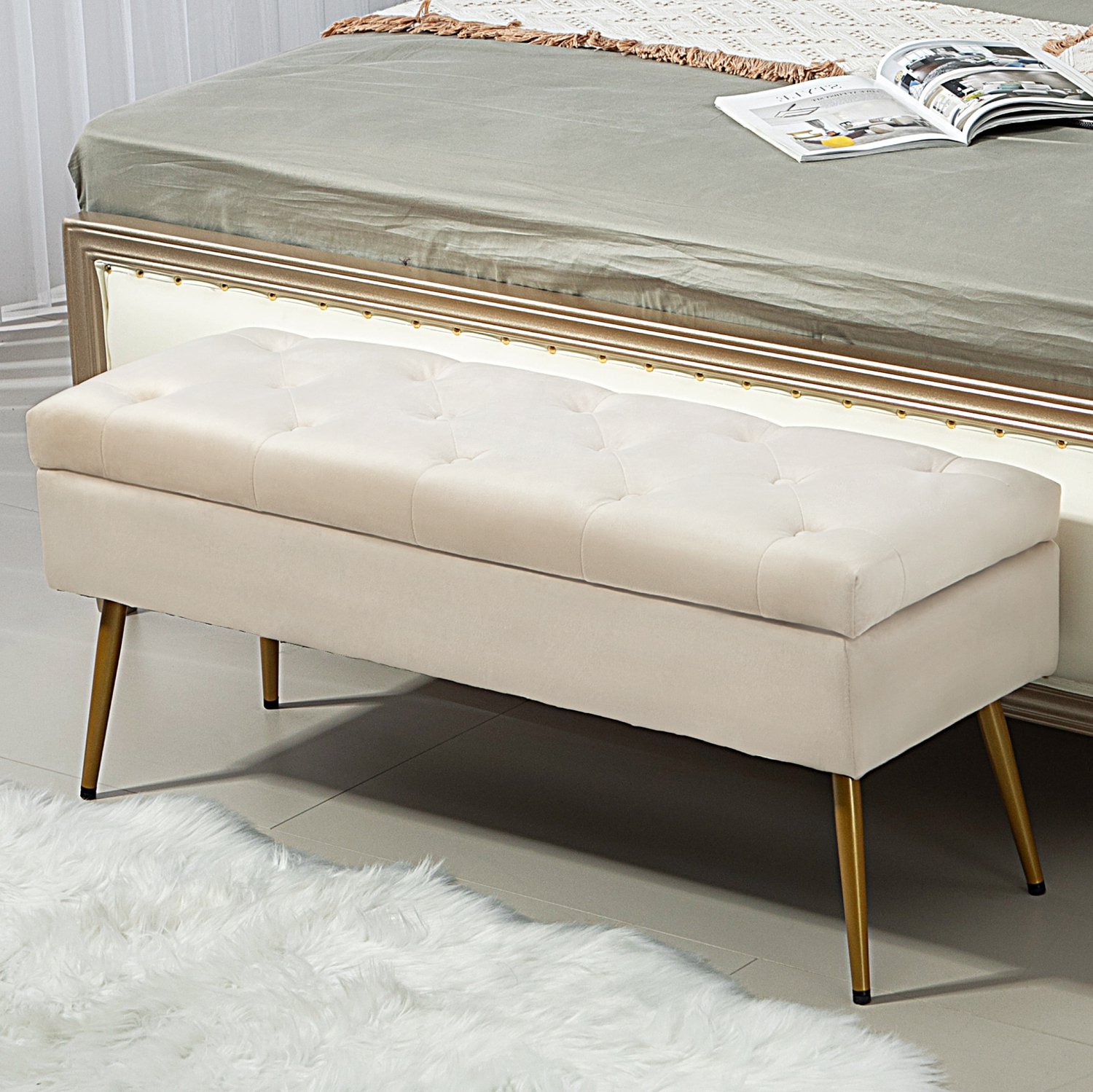 Opbergbankje Met Gestoffeerde Zitting - Opbergruimte En Zacht Sluitend Deksel - Voor Hal, Slaapkamer En Woonkamer - Polyester - Beige - 102x35x43 Cm
