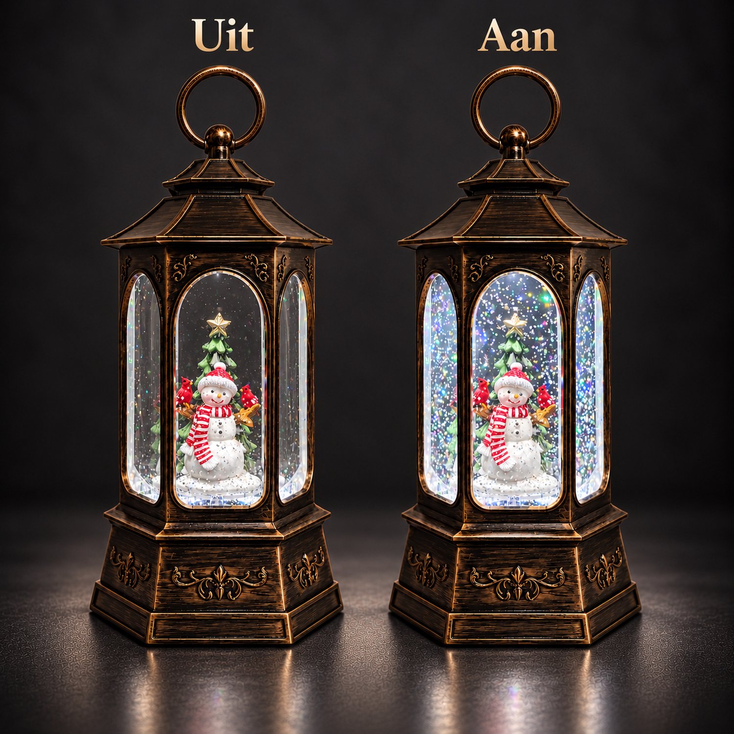EasyMart Kerstlantaarn - Sneeuwbol met Muziek en LED Verlichting - Waterlantaarn met Bewegende Glitter - 27 cm - Sneeuwpop - Kerstdecoratie Binnen - Sneeuweffect - Zeshoekig - USB Kabel Inbegrepen - Op 3 AA Batterijen - Bronskleurig – foto 4